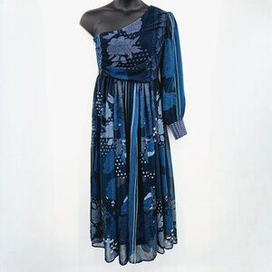 Nikita Mhaisalkar One Shoulder Maxi Dress M Blue Floral Chiffon Slit Cuffed New